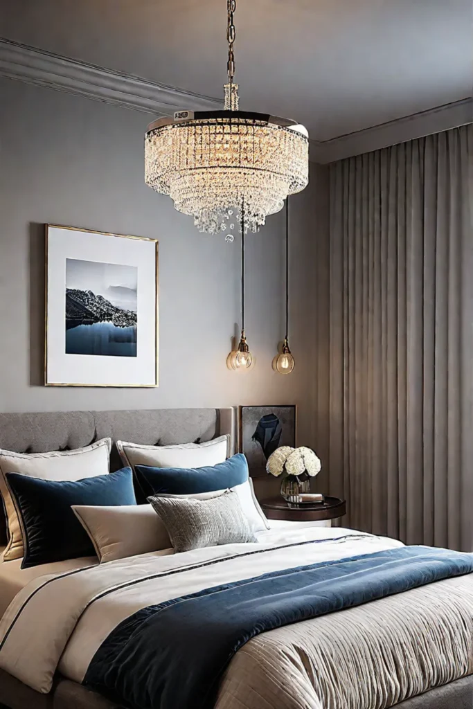 Modern chandelier illuminating a peaceful bedroom scene