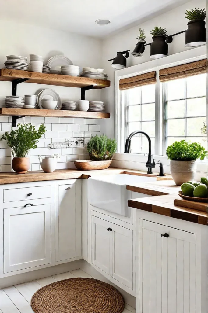 Modern cottage kitchen with floating shelves