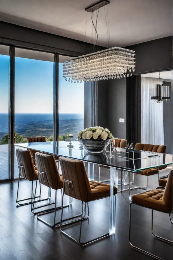 Modern dining area with minimalist design and statement lighting