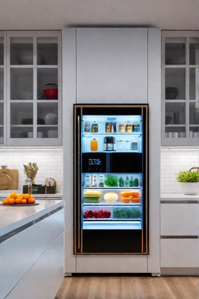 Modern kitchen smart fridge recipe display