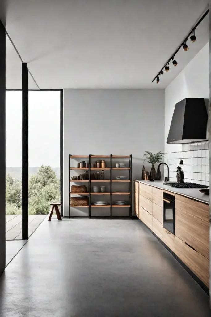 Modern kitchen with concrete flooring