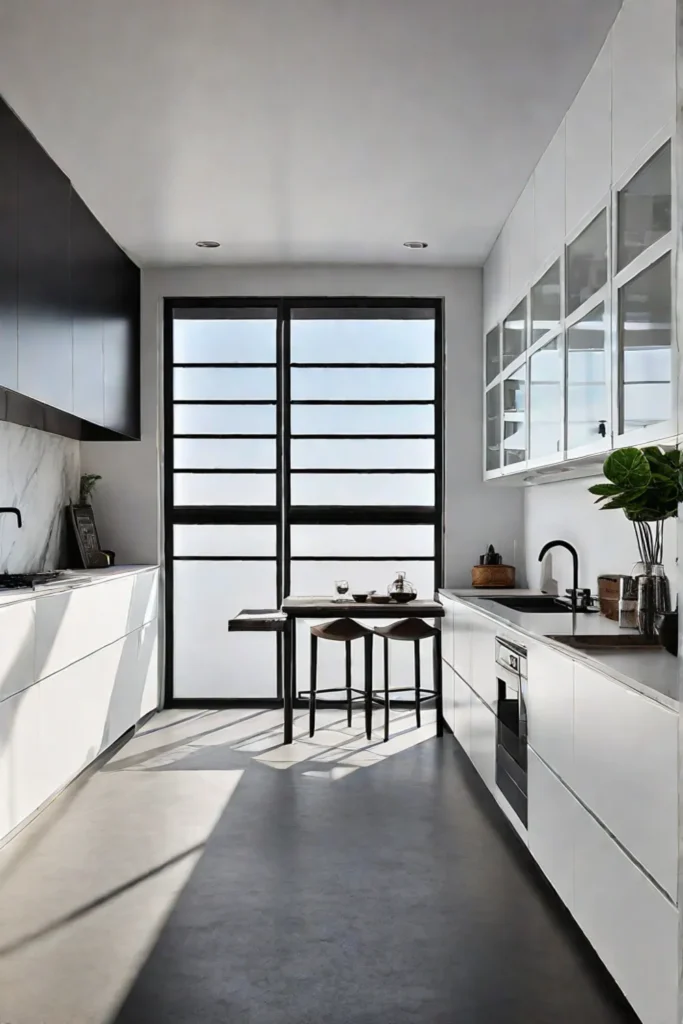 Modern kitchen with concrete flooring and open shelving
