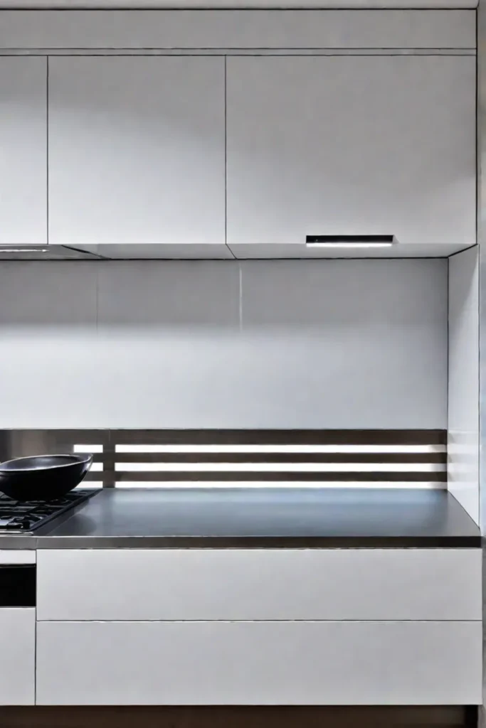 Modern kitchen with reflective stainless steel countertop and sleek design