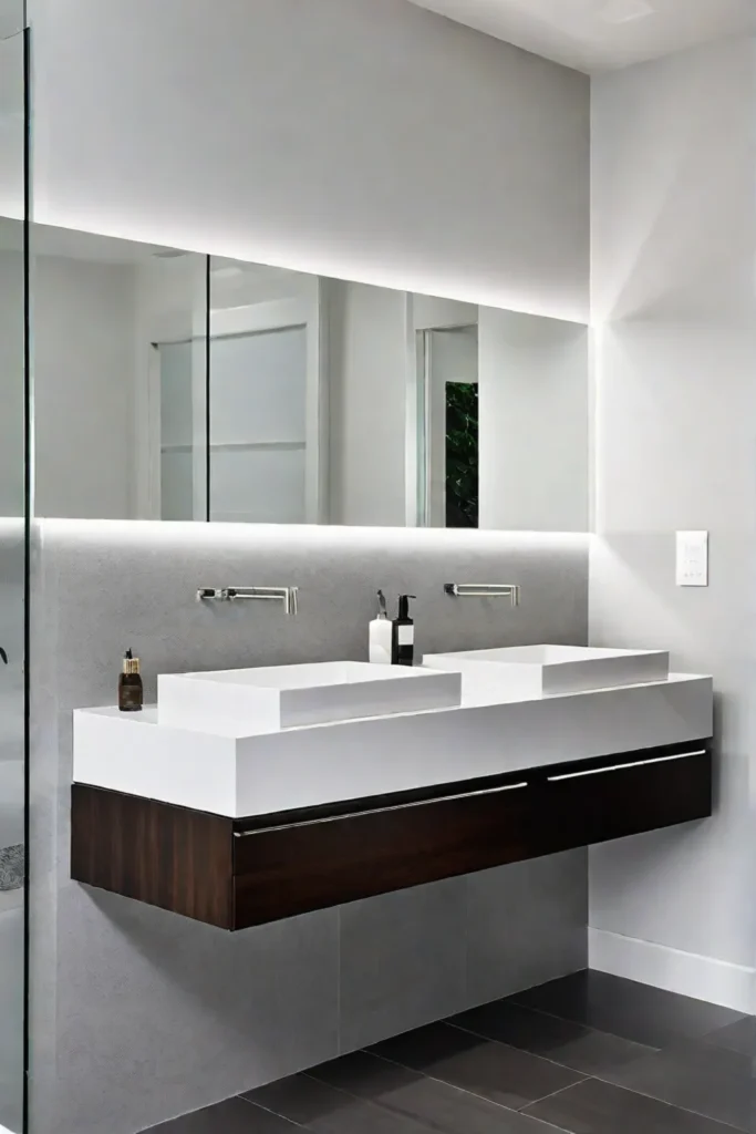 Modern light fixtures accentuate the clean lines of a transitional bathroom with a floating vanity
