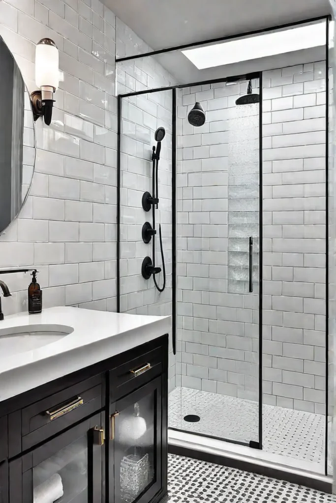 Modern shower with traditional subway tiles and patterned accents