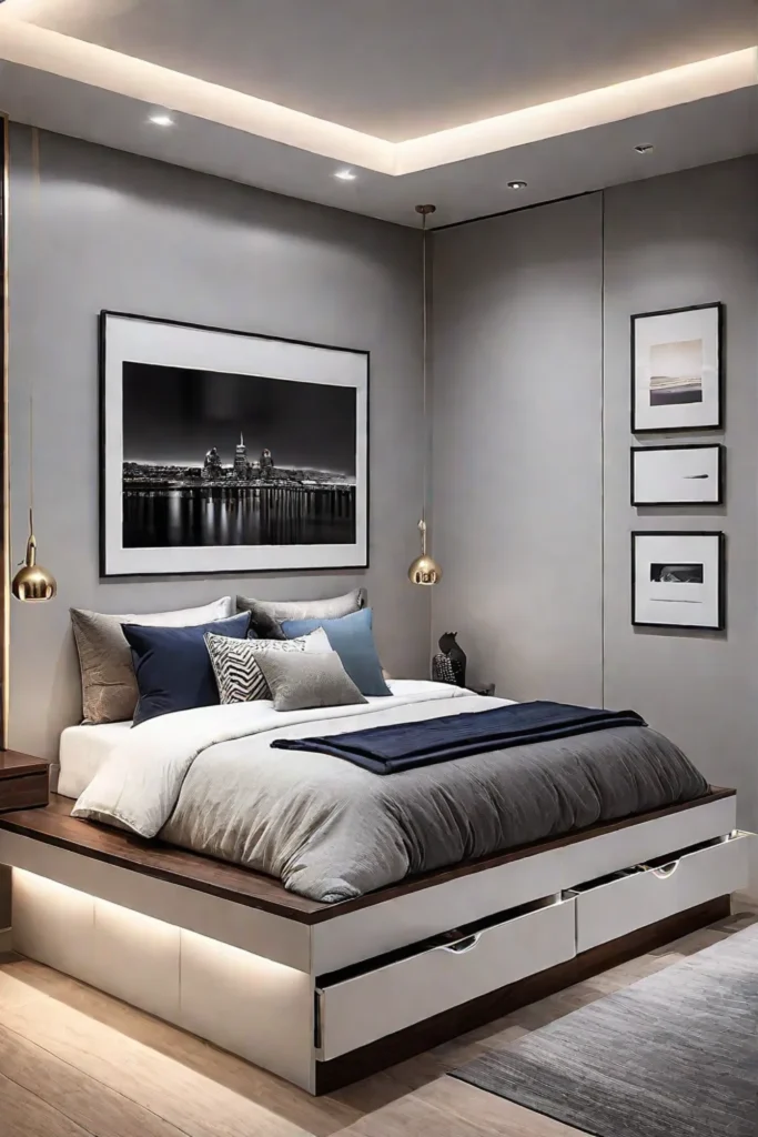 Modern small bedroom with platform bed and storage drawers