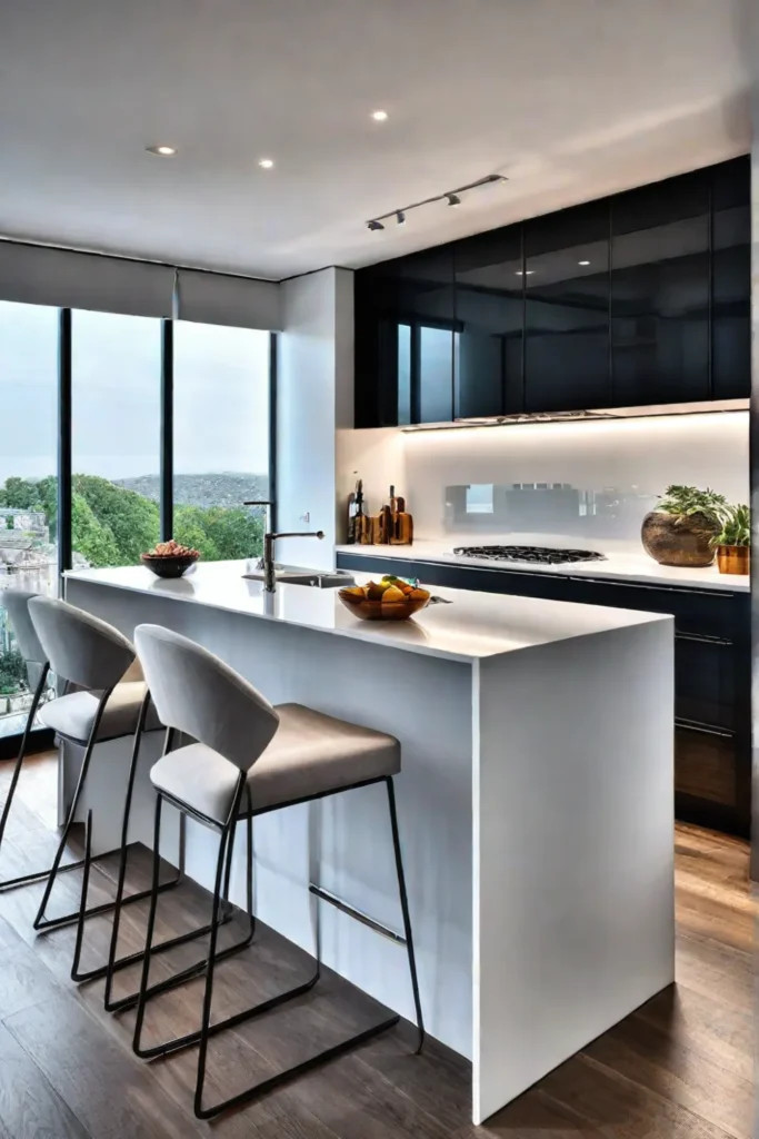 Modern small kitchen with mirrored backsplash and breakfast bar