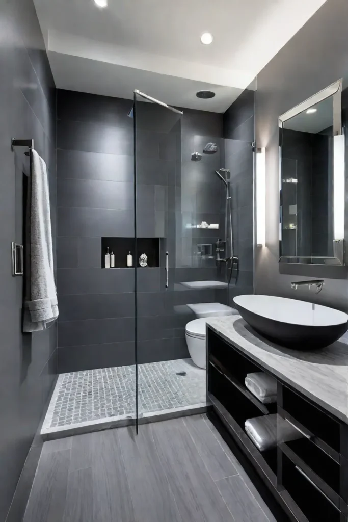 Monochromatic gray bathroom with a glass shower and floating vanity