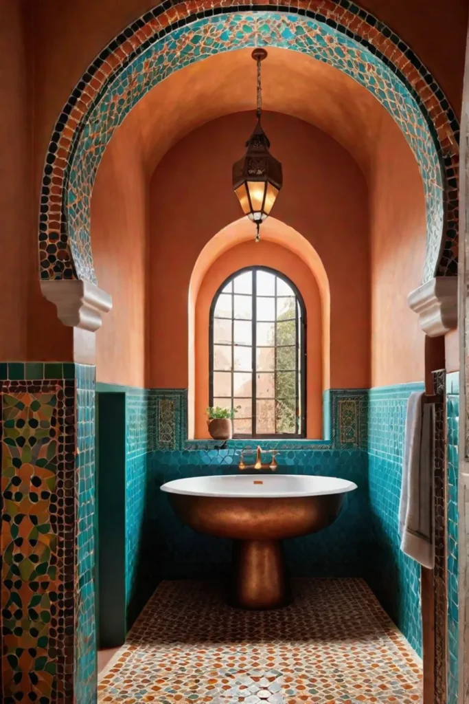 Moroccan bathroom with Zellige tiles and arched doorway