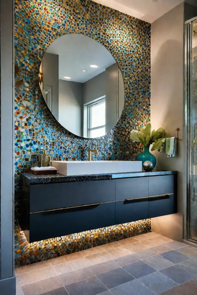 Mosaic tiles with mixed materials in a vibrant bathroom design