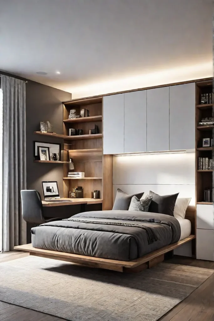Multifunctional bedroom with a Murphy bed and integrated storage for a home office