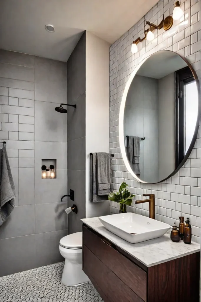 Narrow bathroom with white subway tiles and a dark wood vanity
