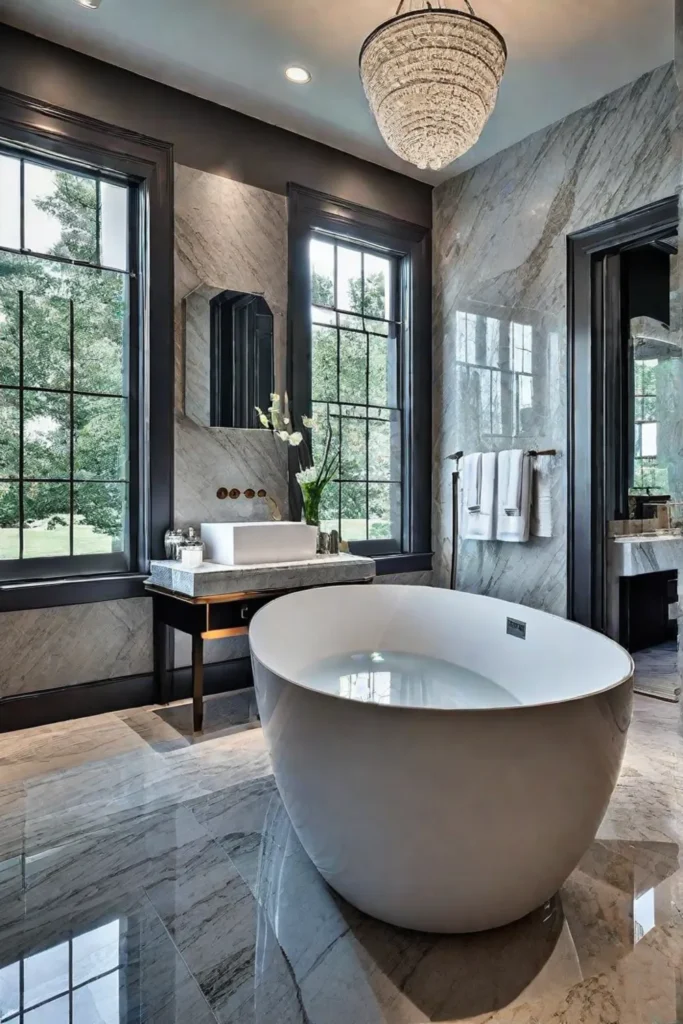 Natural granite countertops and flooring create a luxurious and sustainable bathroom