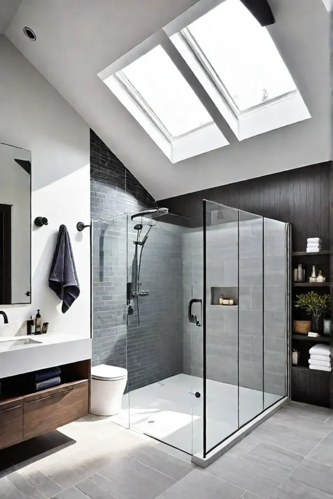 Natural light from a skylight enhances the spaciousness of a transitional bathroom