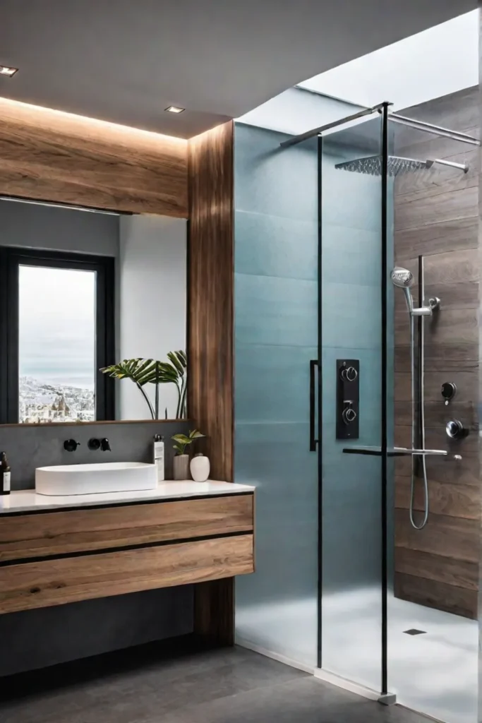 Natural wood and glass bathroom with smart technology