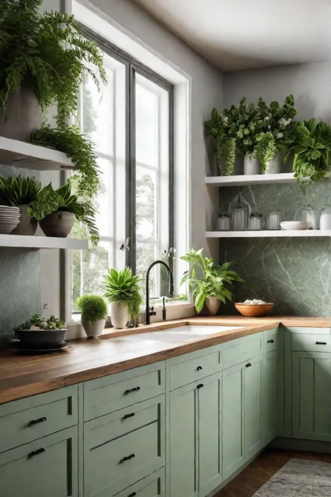 Natureinspired kitchen with green cabinets and organic elements