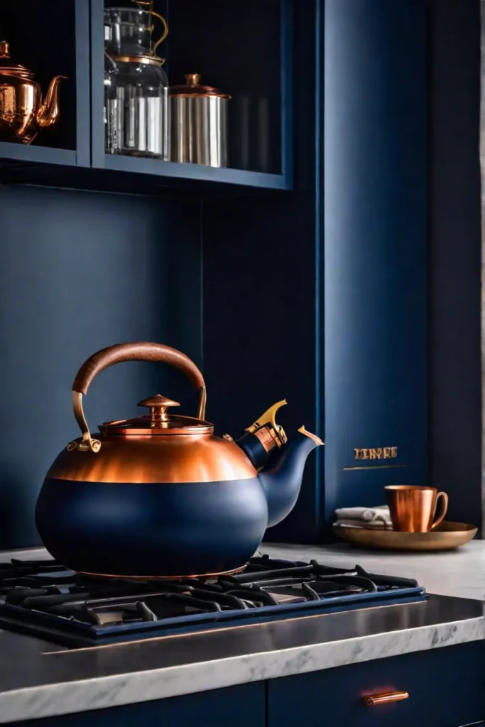 Navy blue cabinets with copper hardware