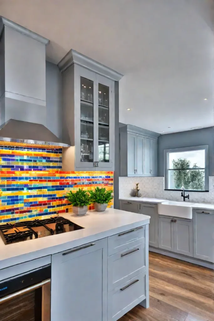 Neutral cabinetry with a colorful accent in a modern kitchen design