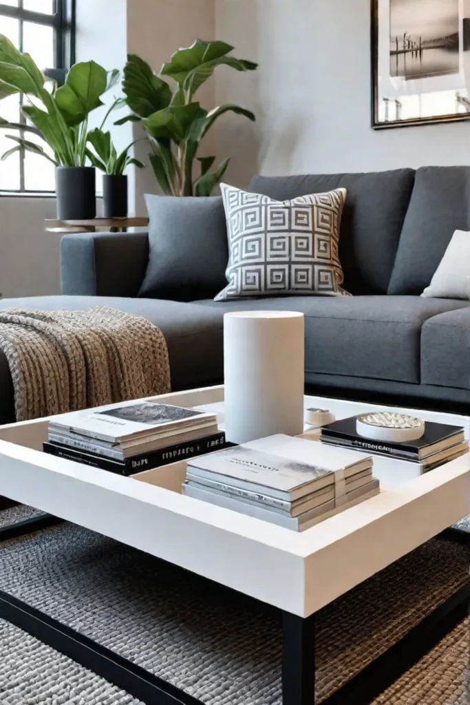 Neutral coffee table styling with interchangeable accents
