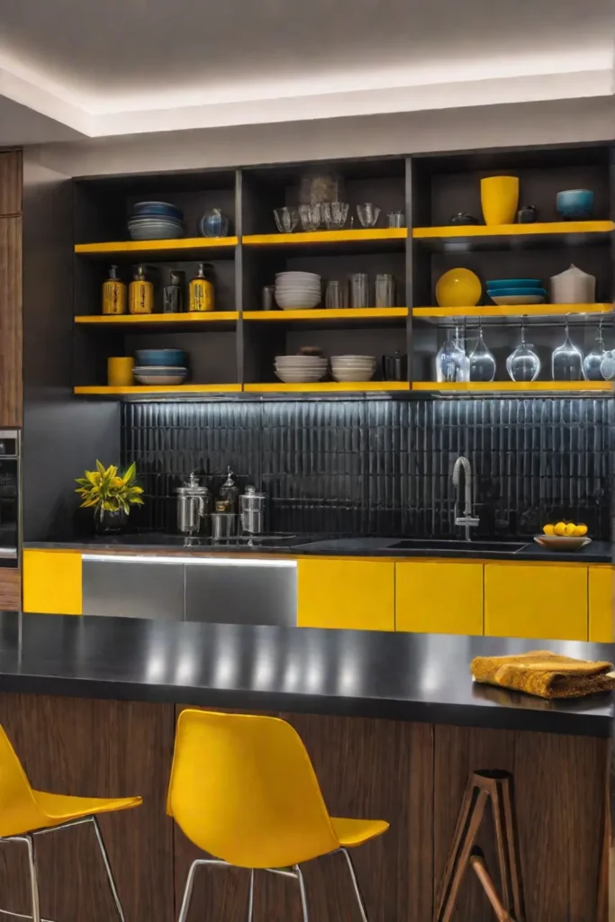 Neutral kitchen with a pop of color from a bright yellow backsplash