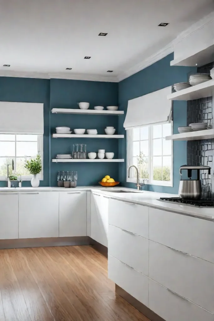 Open shelves and frosted glass cabinets