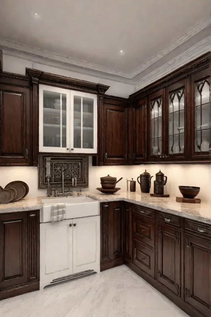 Open shelves and ornate cabinets
