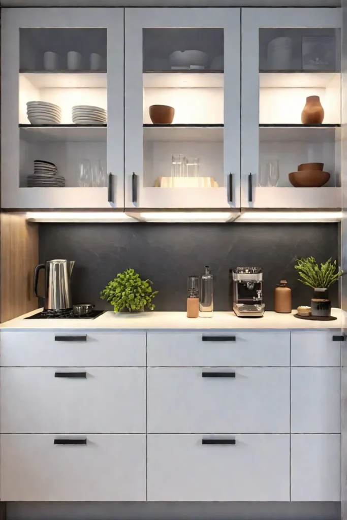 Open shelving and upper cabinets