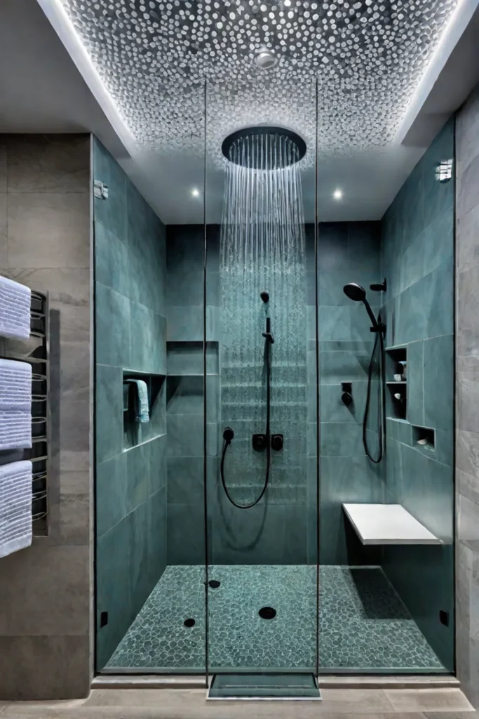 Opulent bathroom with a mosaic tiled shower and spalike ambiance