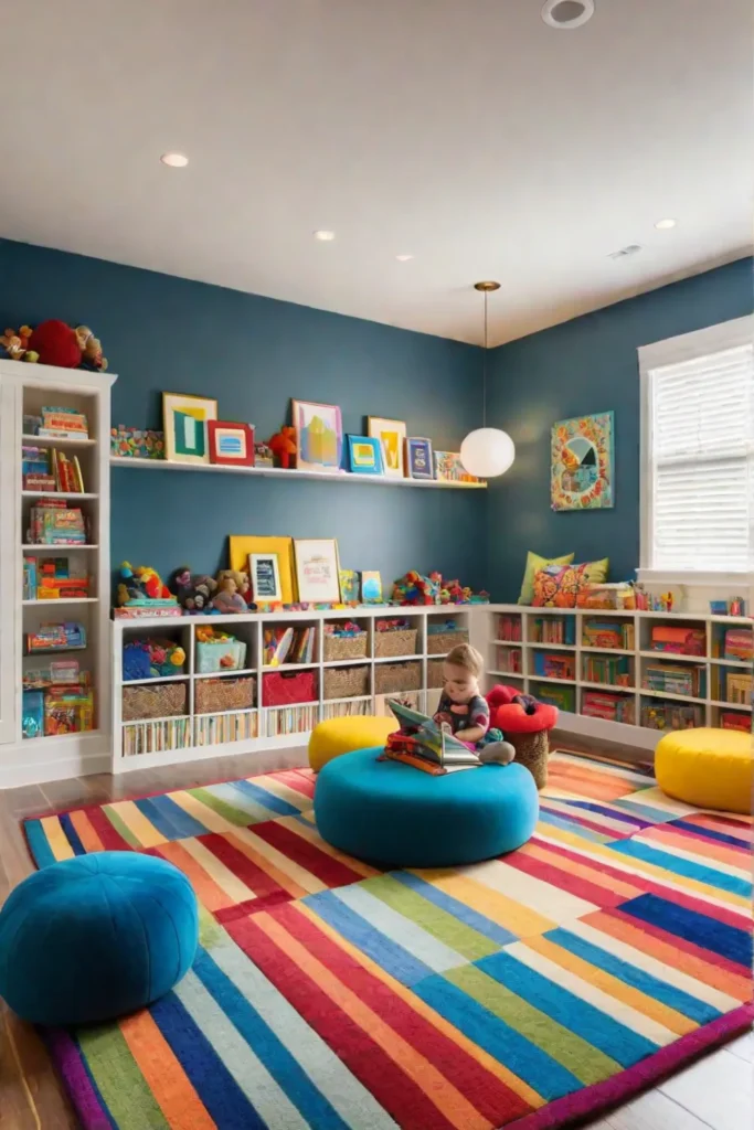 Organized playroom with bookcase and toy storage