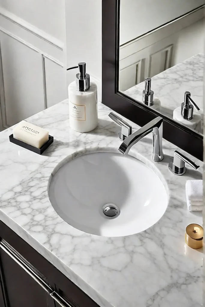 Overhead view of a white marble vanity with toiletries and decor