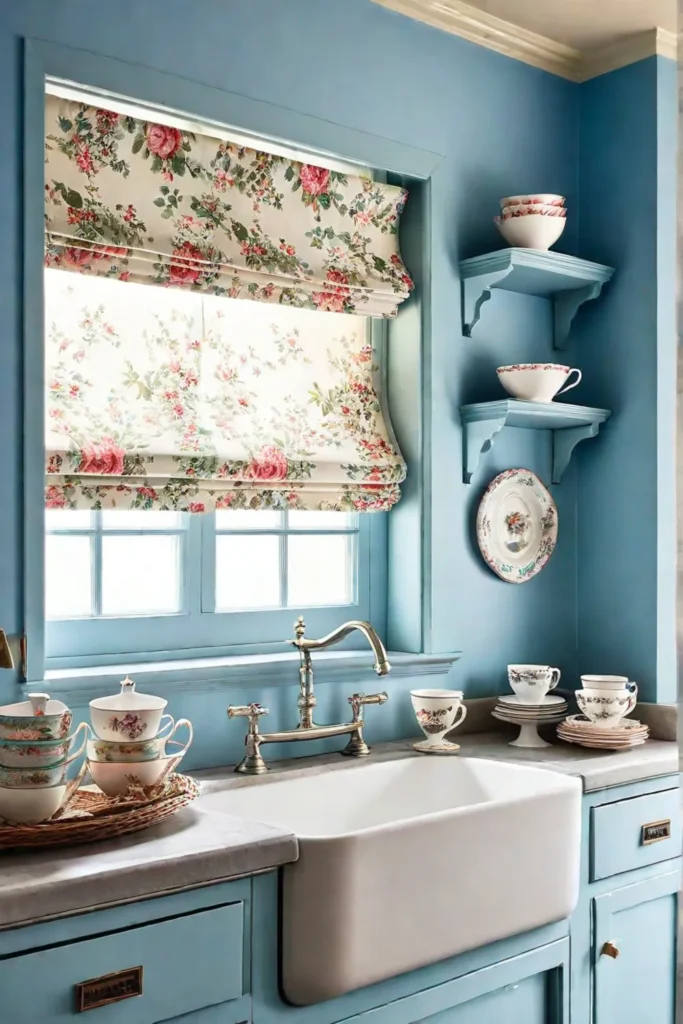 Pastel blue cottage kitchen with vintage teacups