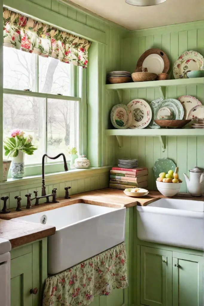 Pastel green cottage kitchen with floral accents