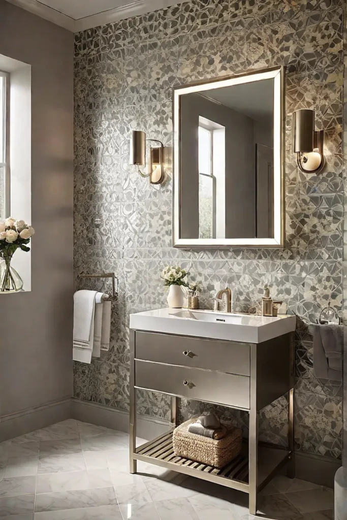 Pedestal sink with modern finishes in a bathroom with patterned walls