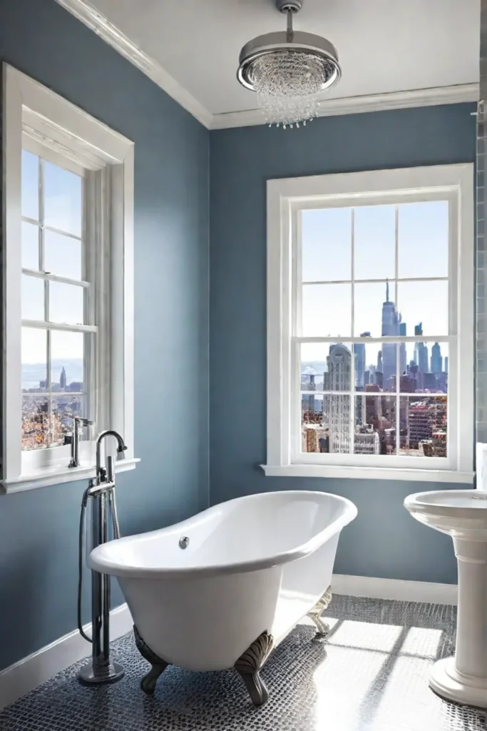 Pedestal sink with vessel sink and cityscape view