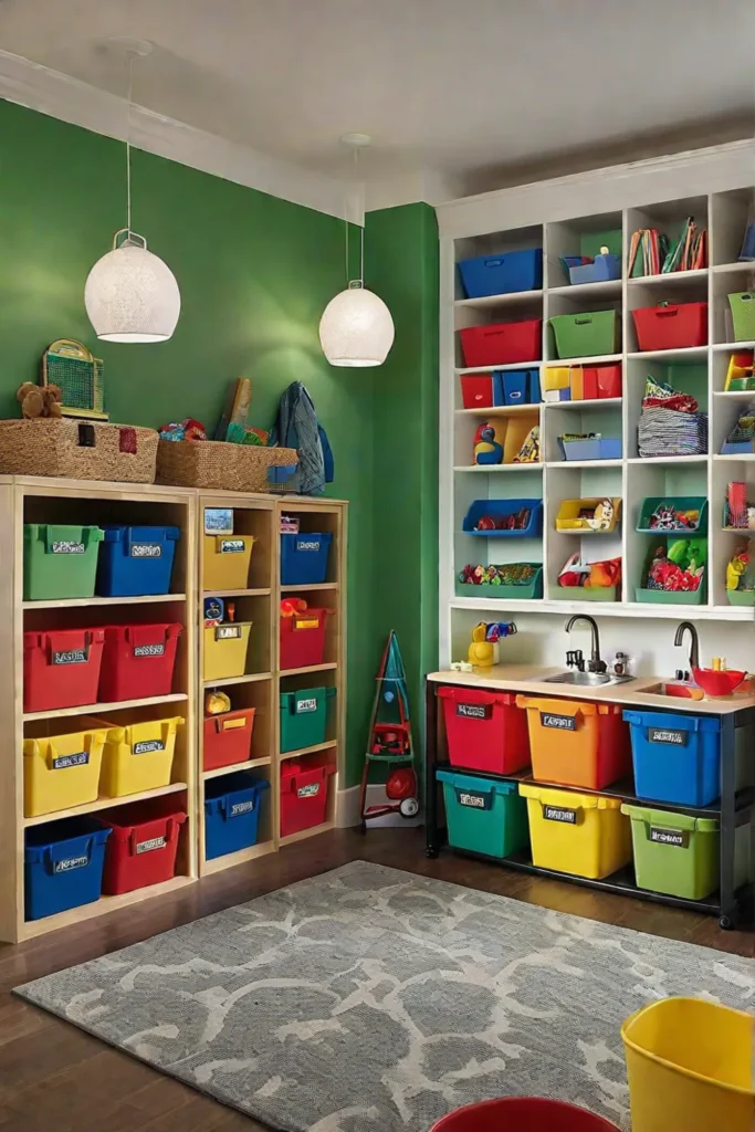 Playroom with labeled storage bins
