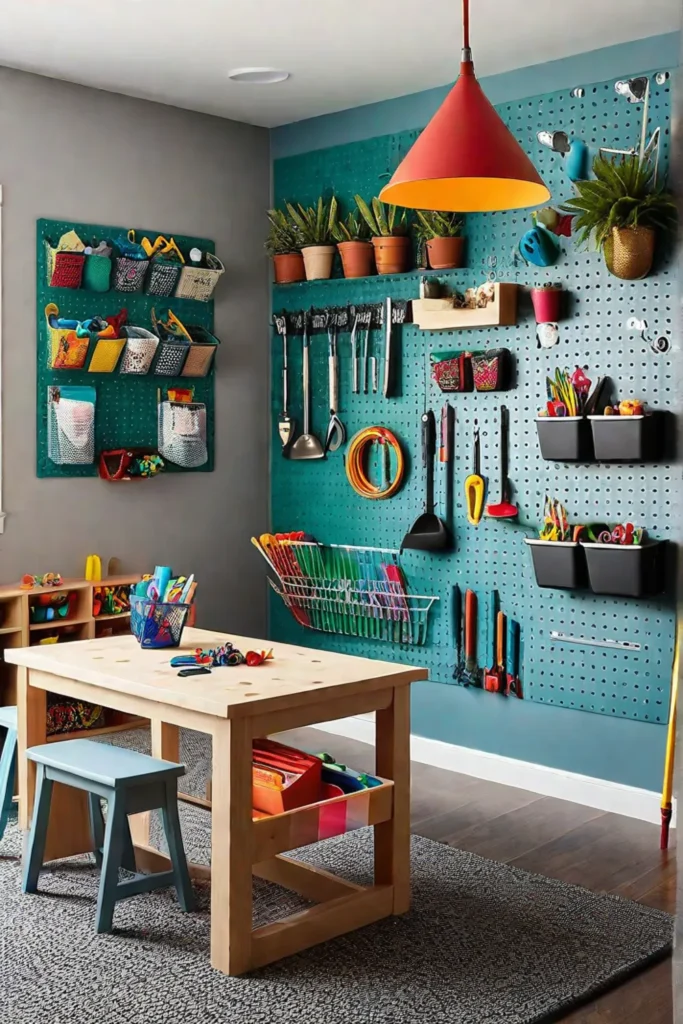 Playroom with wallmounted pegboard for organization