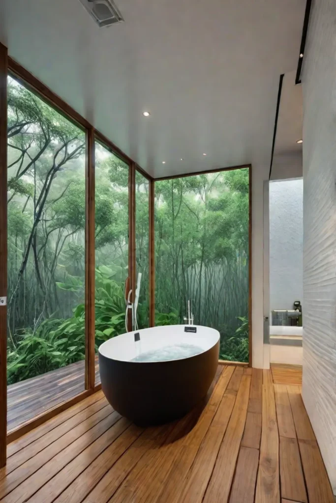 Rainfall showerhead and natural light in a serene bathroom escape