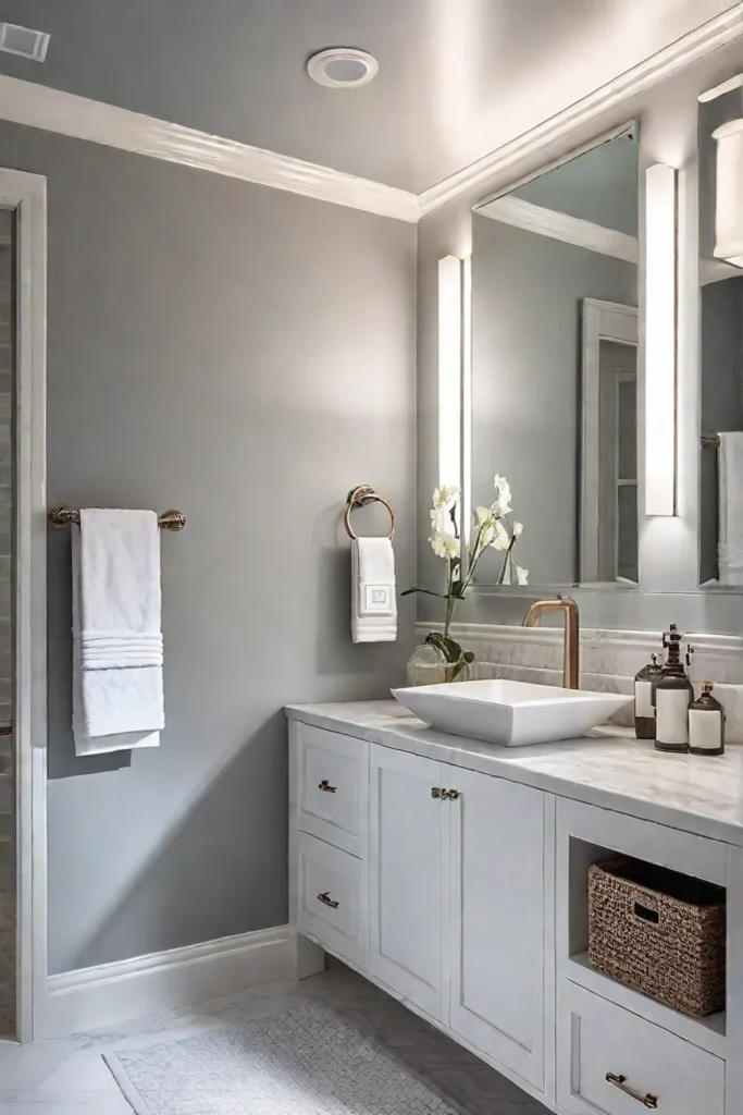 Recessed lighting and sconces provide ample illumination for grooming tasks in a transitional bathroom
