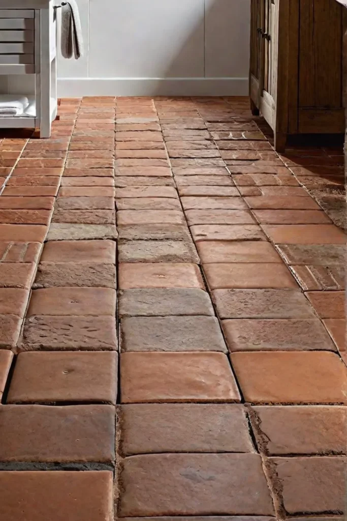 Reclaimed terracotta tiles create a warm and inviting bathroom floor
