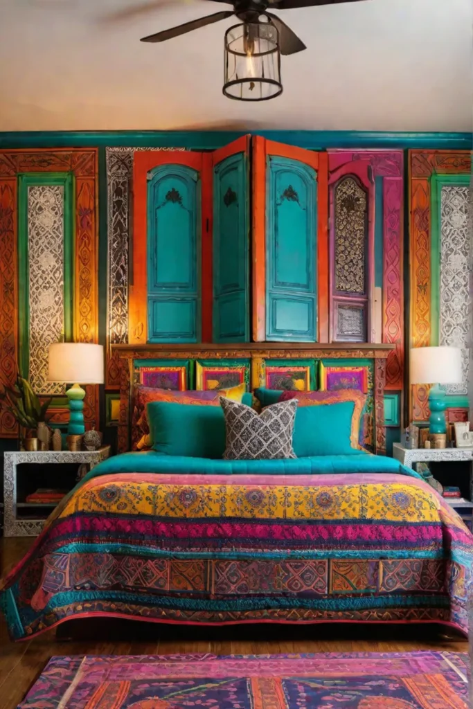 Repurposed doors create a colorful and unique headboard
