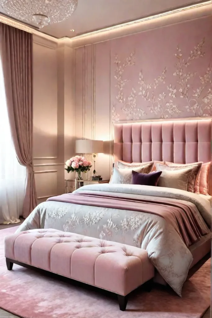 Romantic pink bedroom with velvet headboard