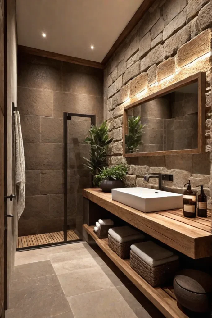 Rustic bathroom with natural stone tiles and wooden accents
