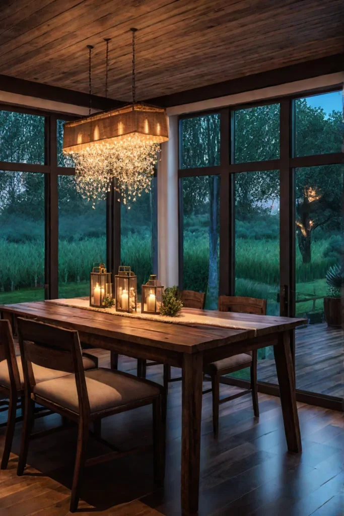 Rustic dining room candlelight string lights