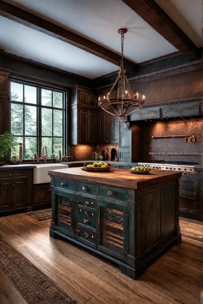 Rustic kitchen with aged copper appliances