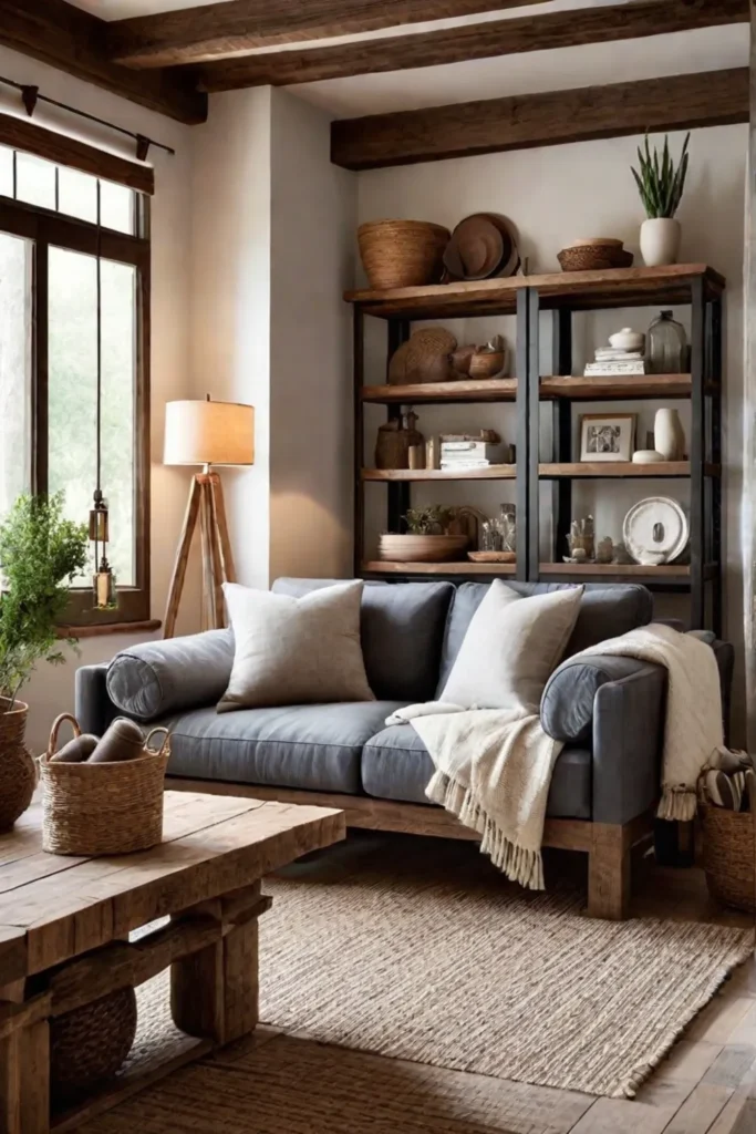 Rustic living room with DIY furniture and natural wood accents