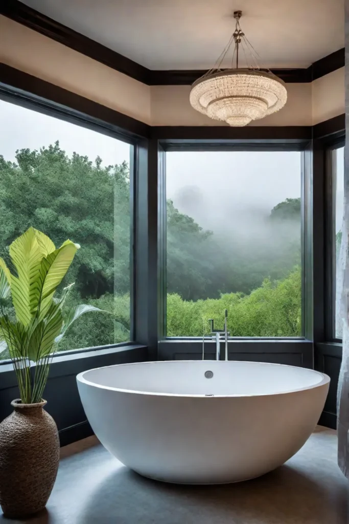 Serene bathroom with a relaxing atmosphere created by diffused lighting and tranquil garden views