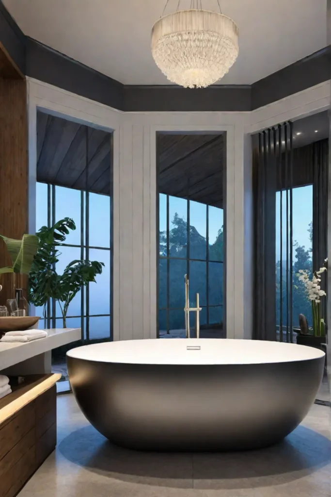 Serene bathroom with bamboo soaking tub and minimalist design