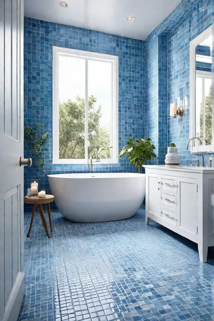 Serene blue tiled bathroom with natural light