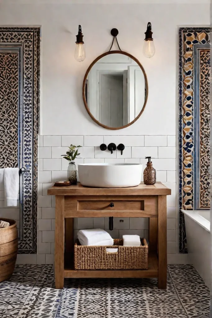 Small bathroom with Moroccan patterned tiles and a wooden vanity