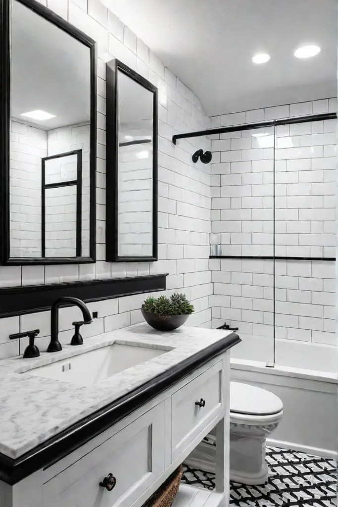 Small bathroom with a black and white tile border and white subway tiles